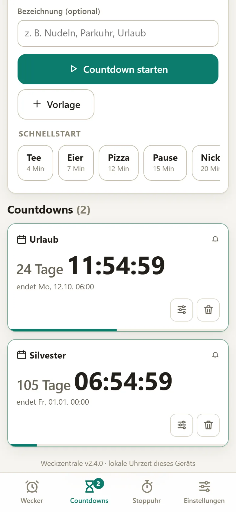 Countdown bis zu einem Datum Weckzentrale: Countdowns bis zu einem Datum – „Urlaub“ bis zum 12. Oktober 2026 und „Silvester“ bis zum 1. Januar 2027 – mit verbleibenden Tagen und Stunden