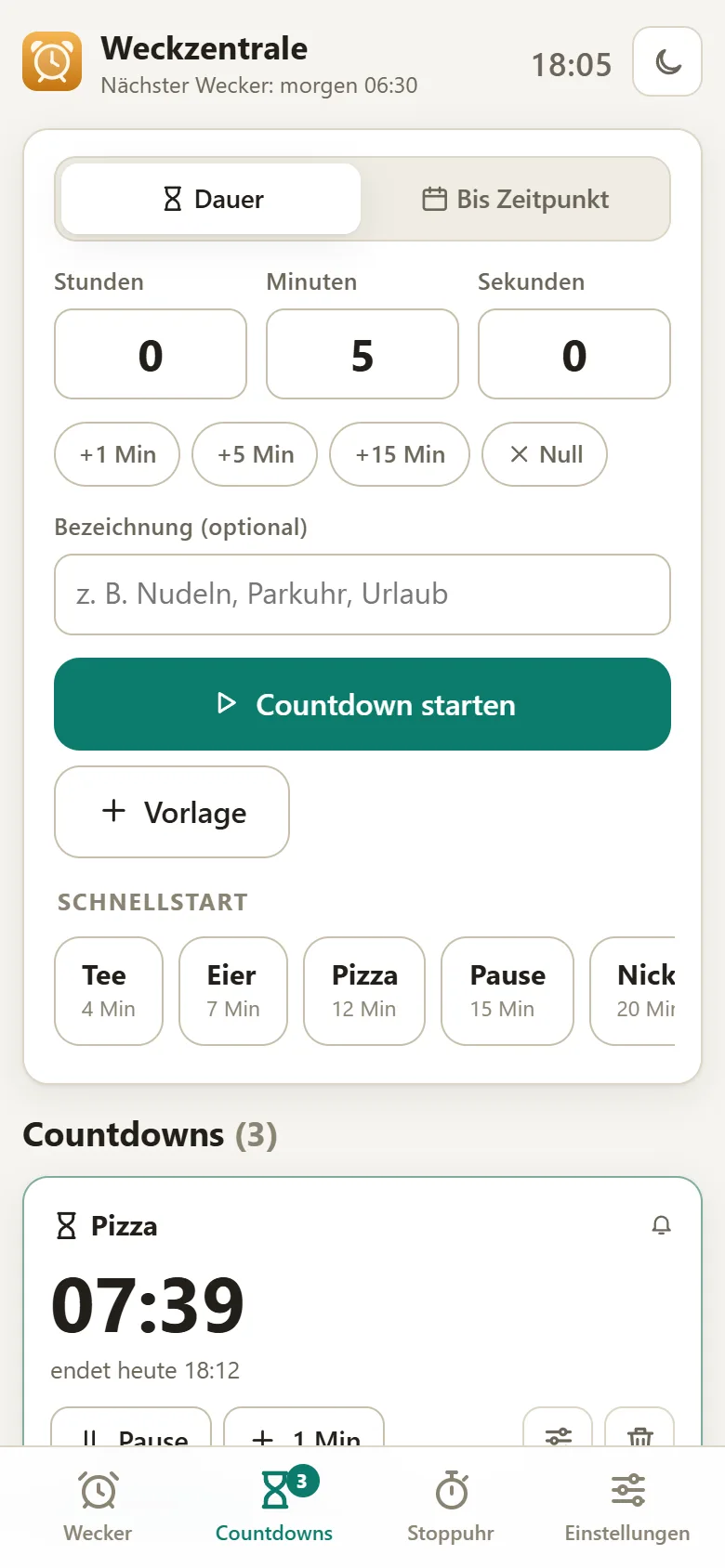 Neuer Countdown mit Schnellstart-Vorlagen Weckzentrale: Eingabe für einen neuen Countdown mit Stunden, Minuten und Sekunden, den Knöpfen +1 Min, +5 Min und +15 Min und der Schnellstart-Leiste mit Tee, Eier, Pizza, Pause und Nickerchen
