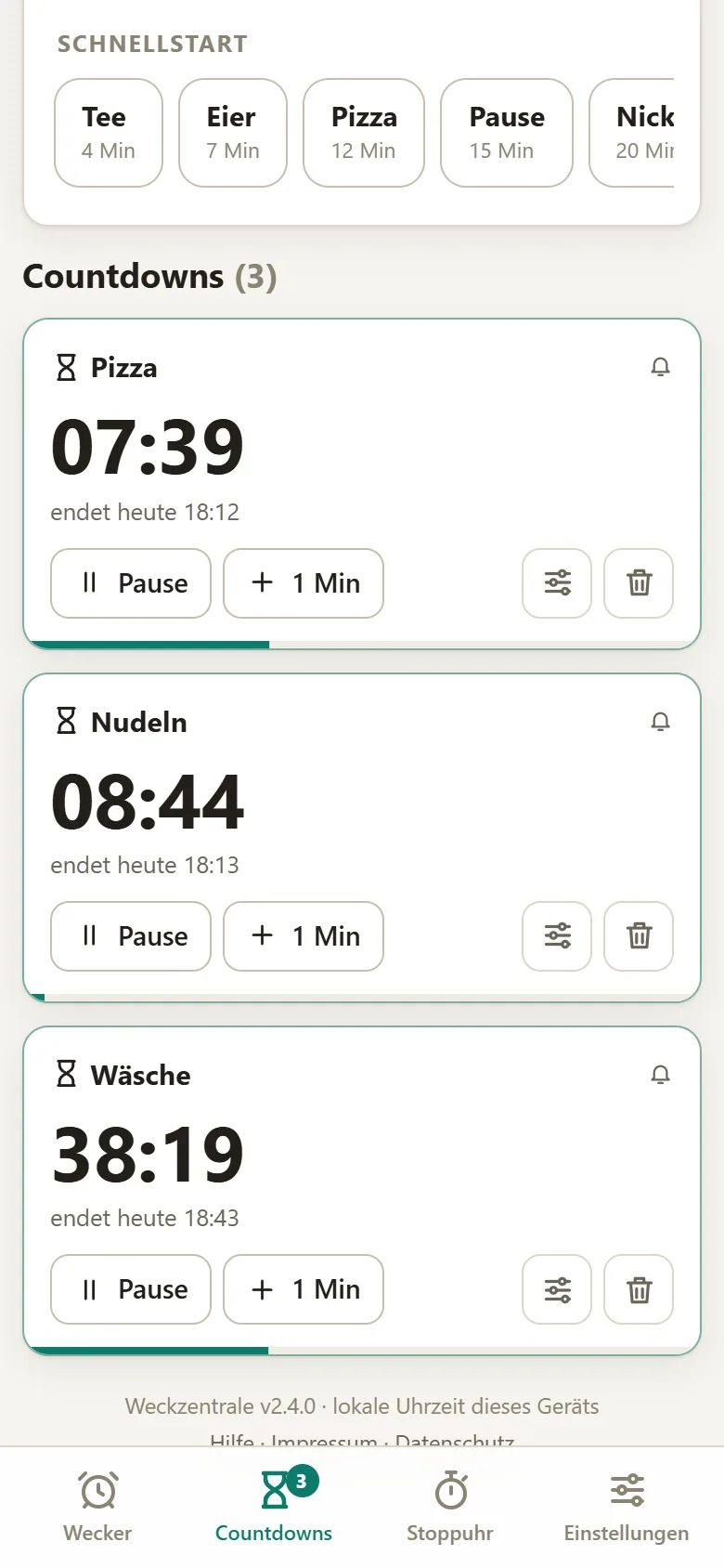 Drei Countdowns laufen gleichzeitig Weckzentrale: drei gleichzeitig laufende Countdowns Pizza, Nudeln und Wäsche mit Restzeit, Endzeit und Fortschrittsbalken