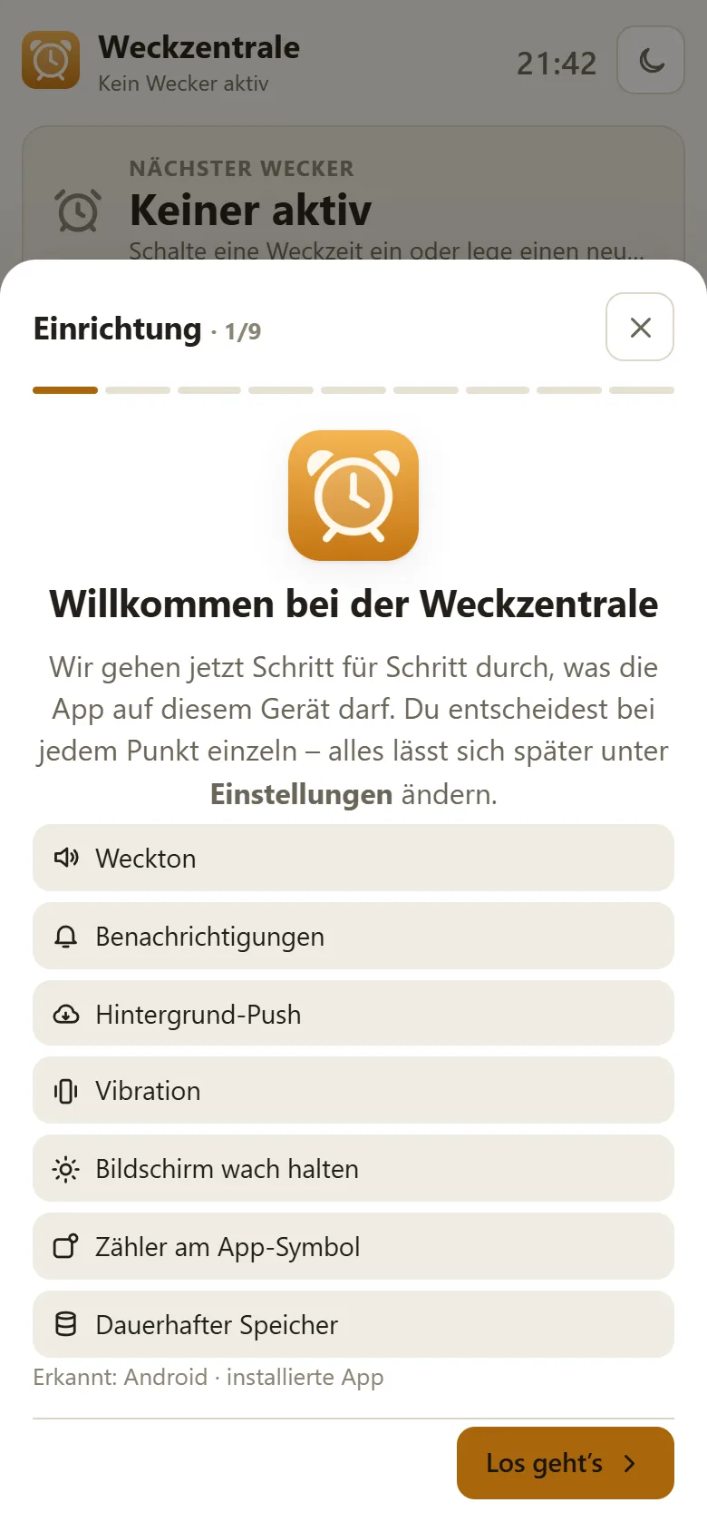 Einrichtungsassistent erneut starten Einrichtungsassistent der Weckzentrale mit Willkommen-Schritt und Übersicht der Berechtigungen
