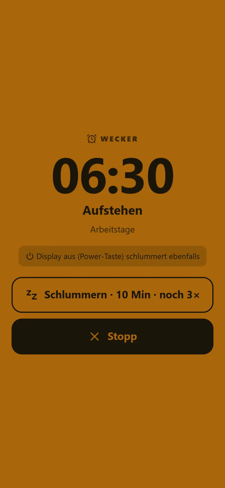 Schlummern im Klingel-Bildschirm Klingel-Bildschirm der Weckzentrale mit dem Knopf „Schlummern · 10 Min · noch 3ד, dem Knopf Stopp und dem Hinweis zur Power-Taste