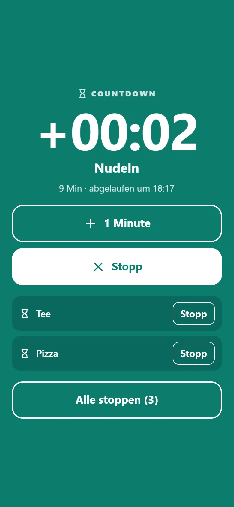 Mehrere Countdowns laufen gleichzeitig ab Klingel-Bildschirm der Weckzentrale mit mehreren abgelaufenen Countdowns gleichzeitig und dem Knopf „Alle stoppen“
