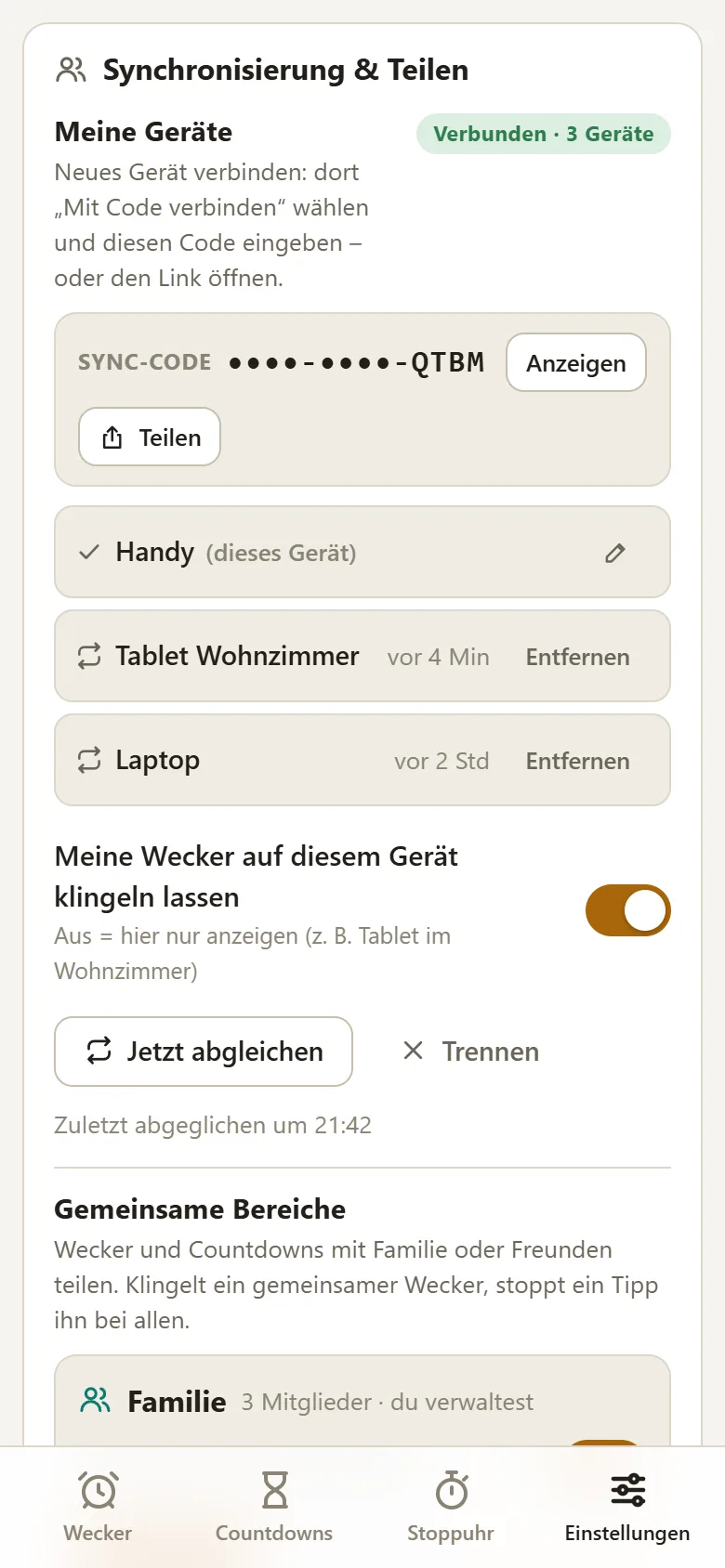 Weckzentrale: Karte „Meine Geräte“ mit verdecktem Sync-Code und der Liste der verbundenen Geräte