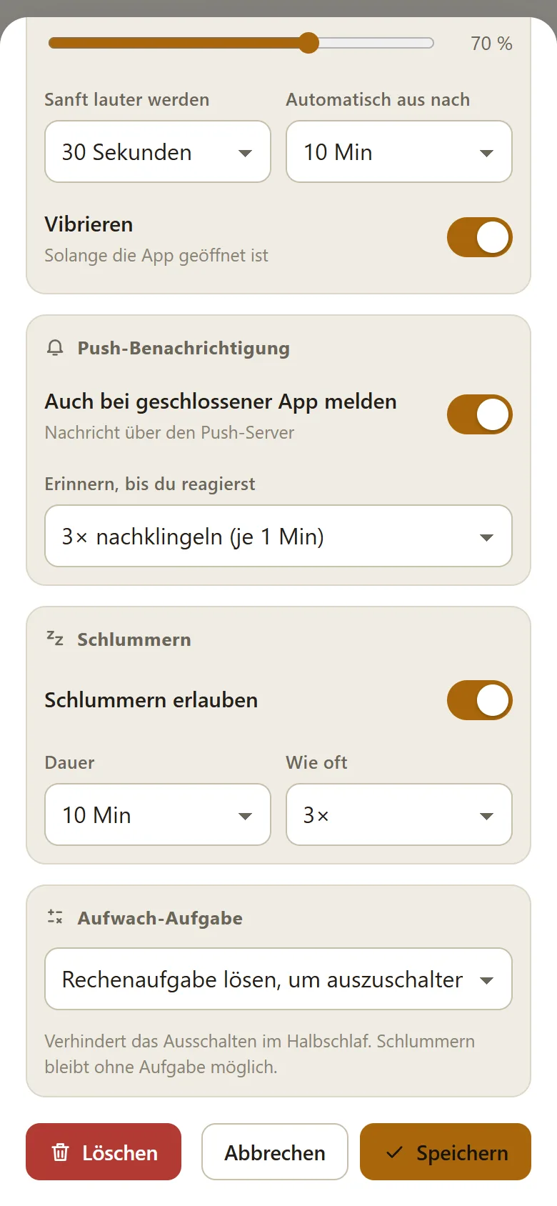Schlummern und Aufwach-Aufgabe einstellen Weckzentrale: Wecker-Einstellungen mit „Schlummern erlauben“, Dauer 10 Minuten, dreimal und der Aufwach-Aufgabe Rechenaufgabe